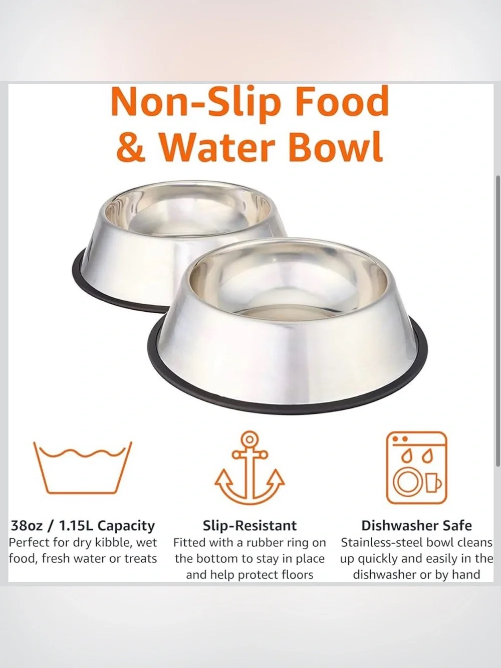 Stainless Steel Non-Skid Dog Water And Food Bowl, Dishwasher Safe